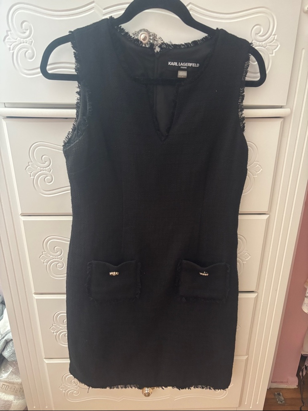 Karl Lagerfeld Black Sleeveless Tweed Shift Dress with Frayed Trim